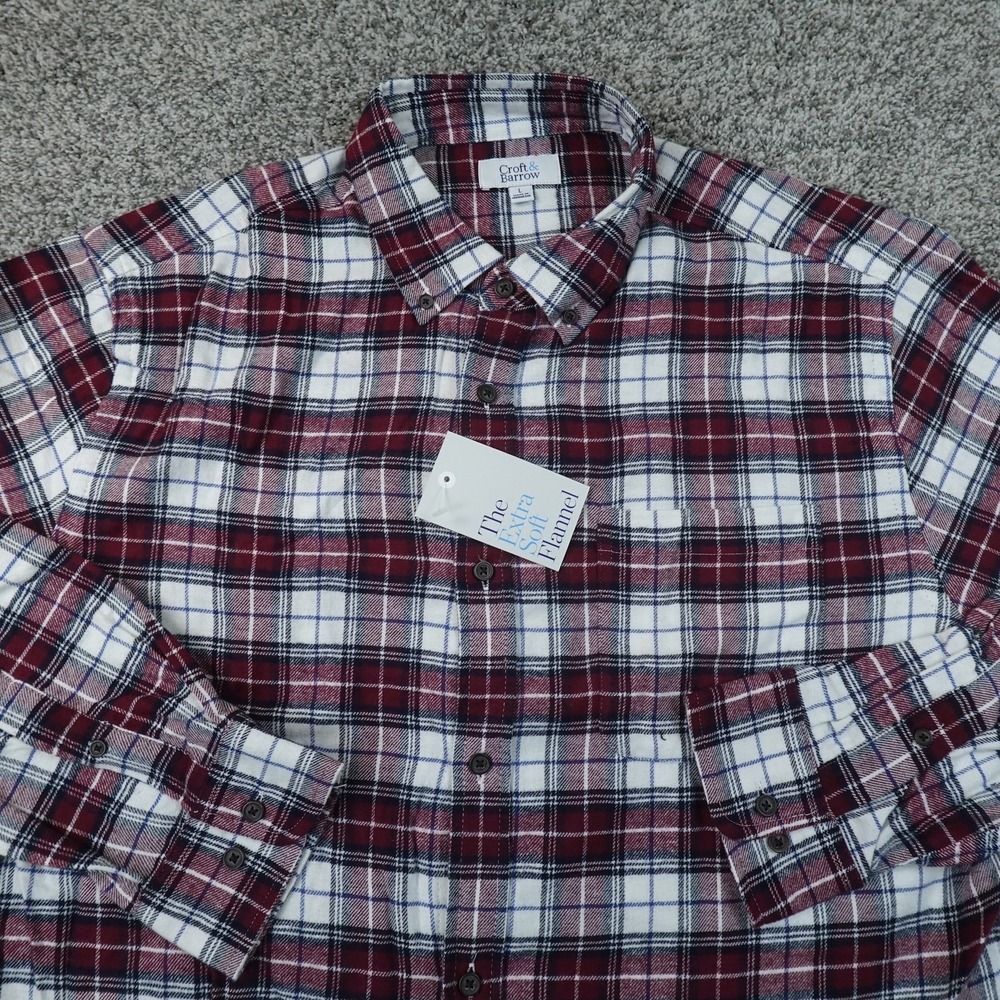 NEW Croft Barrow Shirt Mens L Red Plaid Flannel Button Up Long Sleeve Casual Top